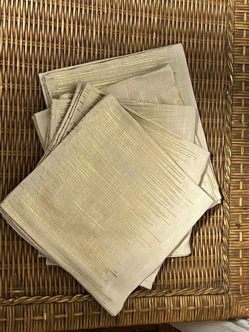 West Elm.  Beige and Gold metallic Thread Dinner Napkins.  Set of 5